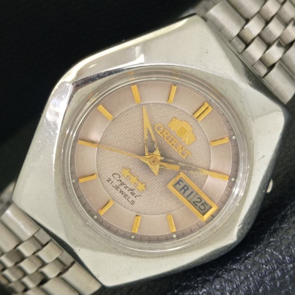 Vintage 1980 Orient Automatic Mens Silver Watch W/daydate & Gold accents